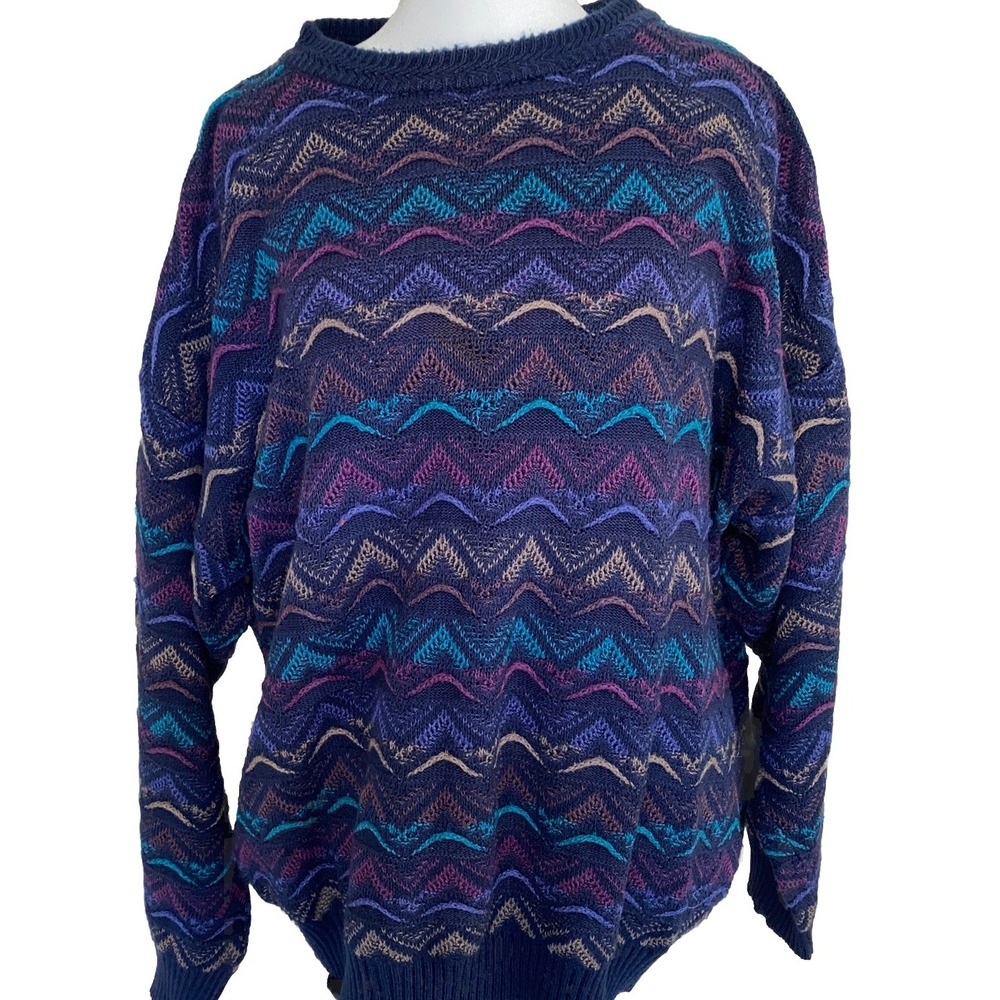 Y2K Vtg Pronto Uomo  ITALY eclectic grandpa sweater geometric Crew cotton  XL